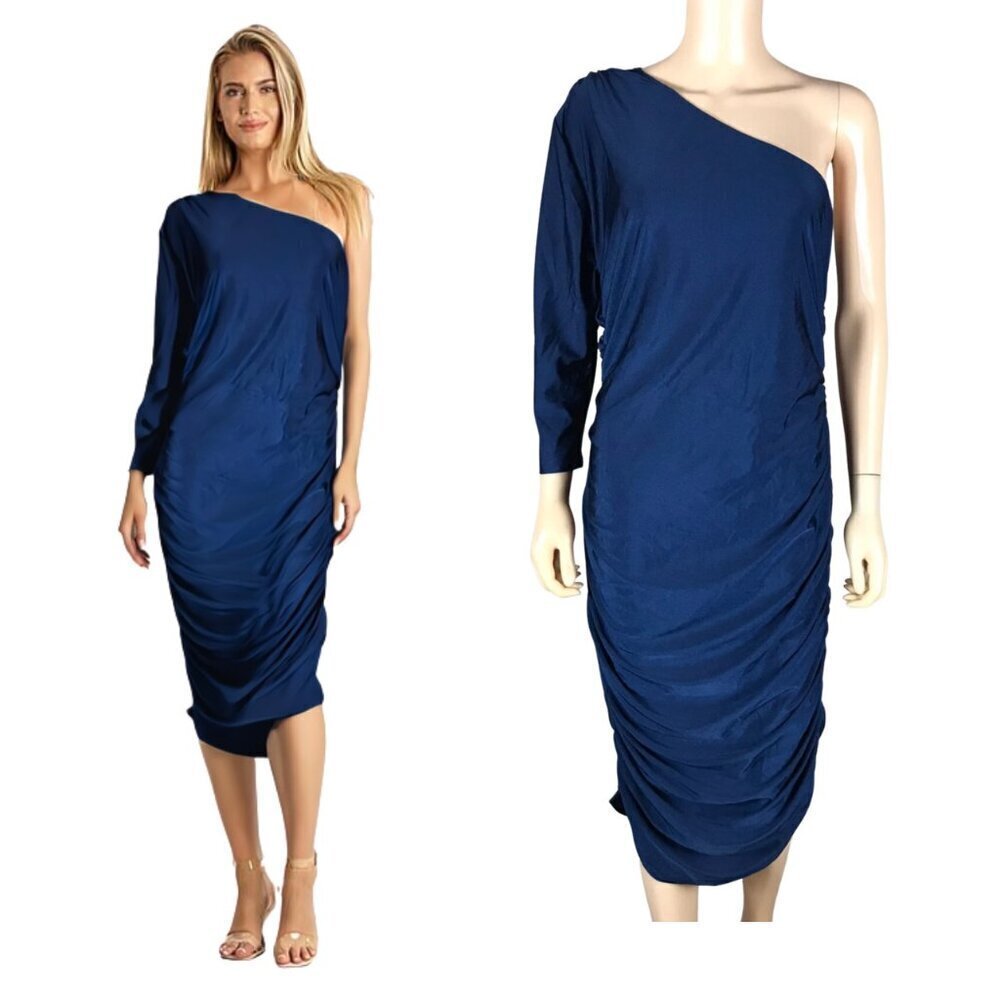 AX PARIS Navy Blue One Sleeve Slinky Ruched Midi Dress NWT